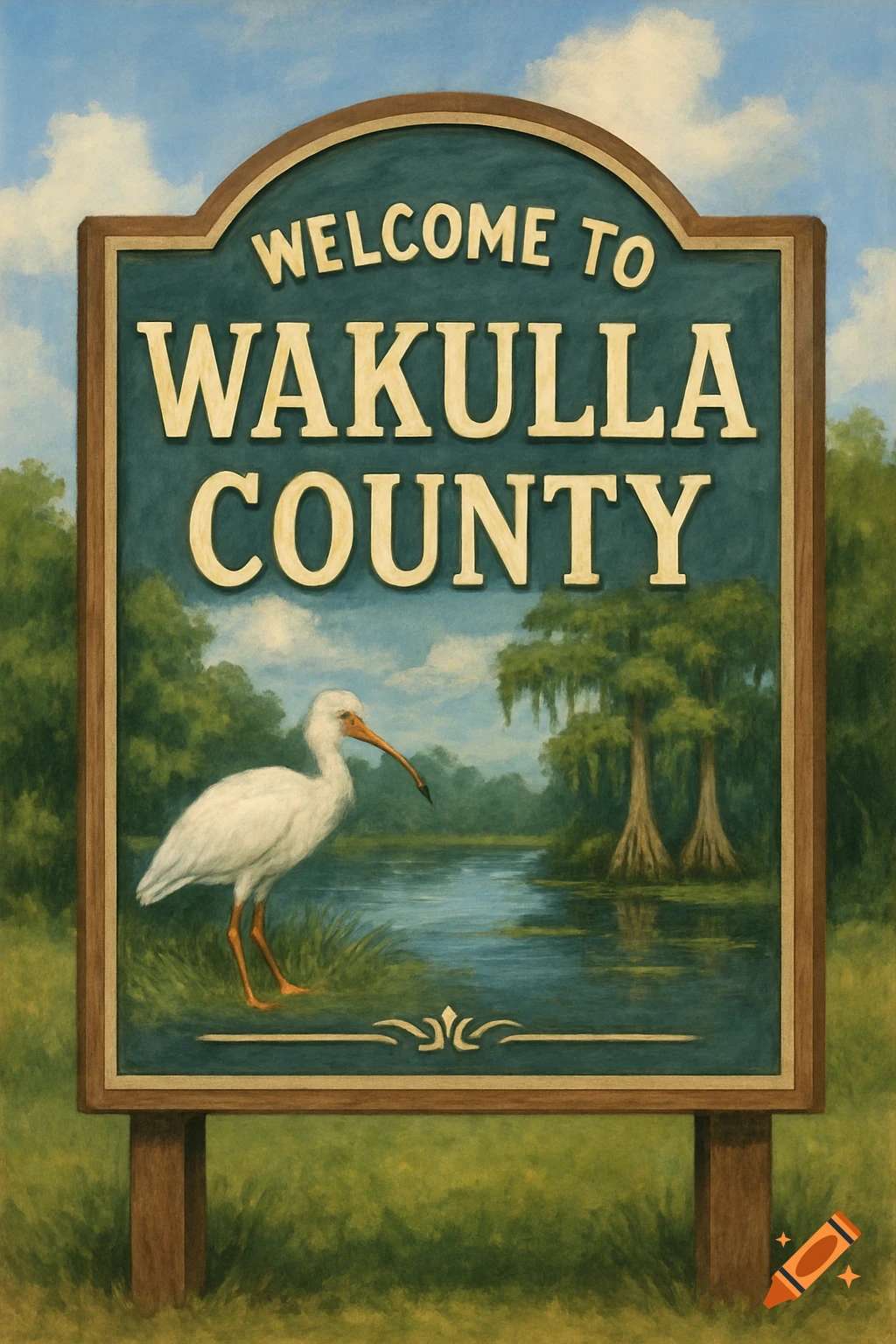 A painterly welcome sign for Wakulla County with an Ibis bird, water, and trees.