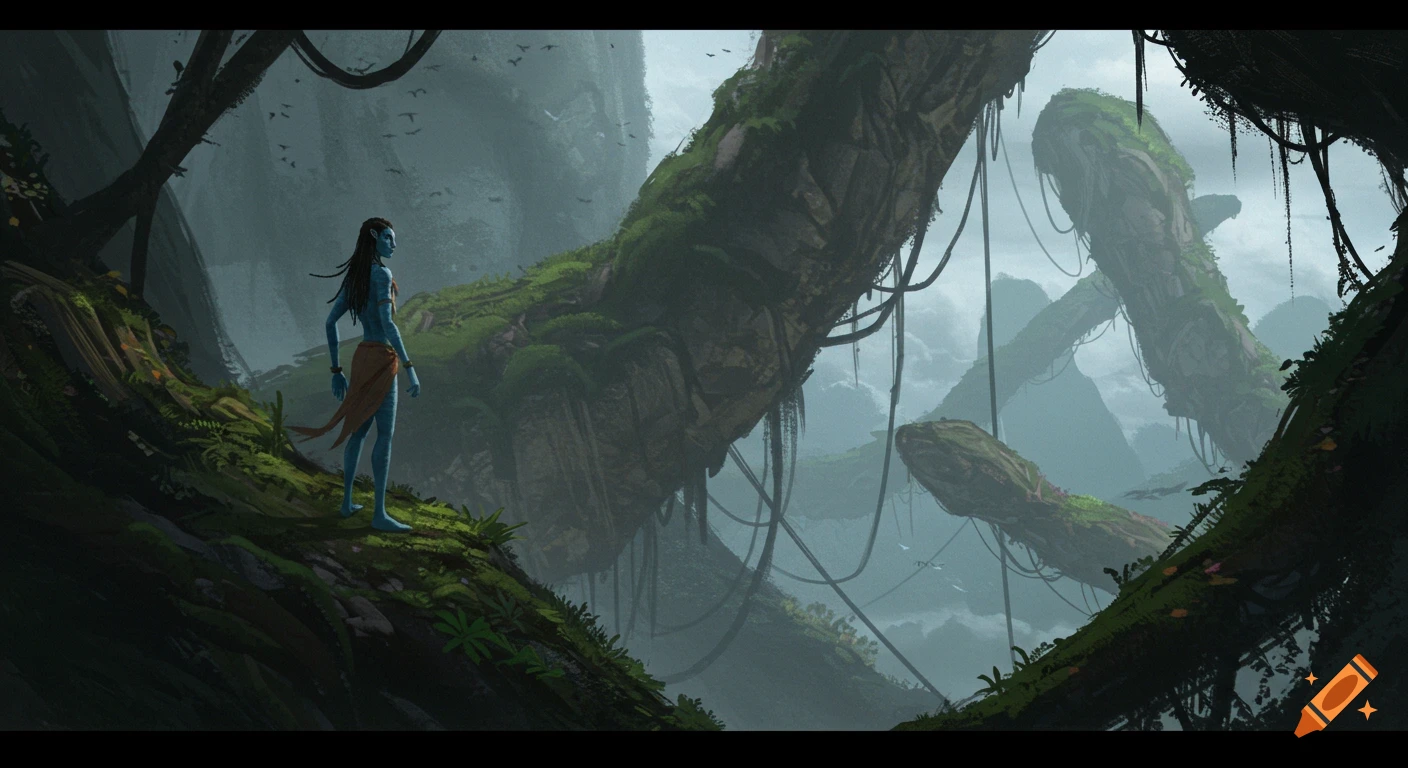 A blue alien figure stands on a mossy rock overlooking a misty valley with floating mountains and vines in a fantasy concept art style.