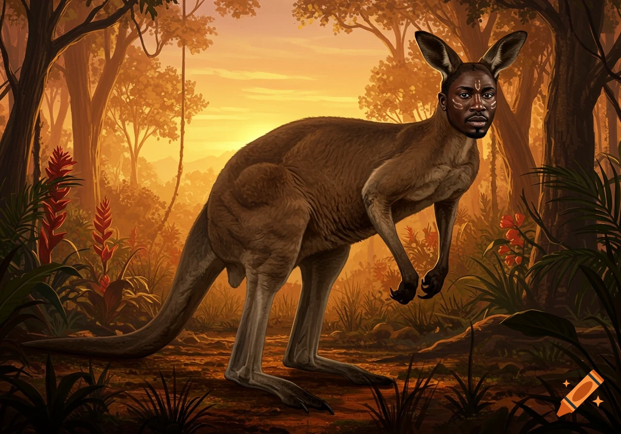 Kangaroo with a man's head standing in a forest at sunset