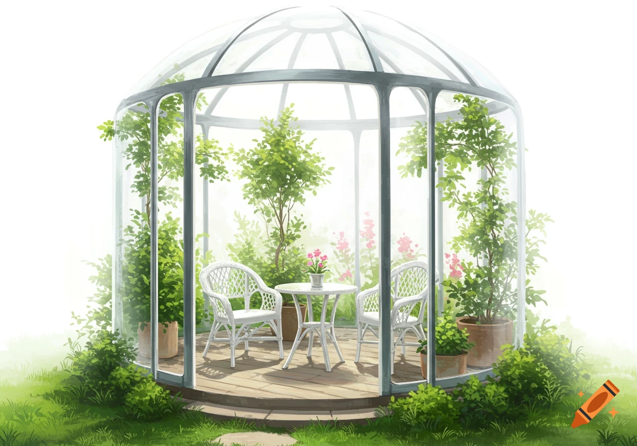 An illustrated scene inside a glass dome greenhouse with white wicker chairs and plants.