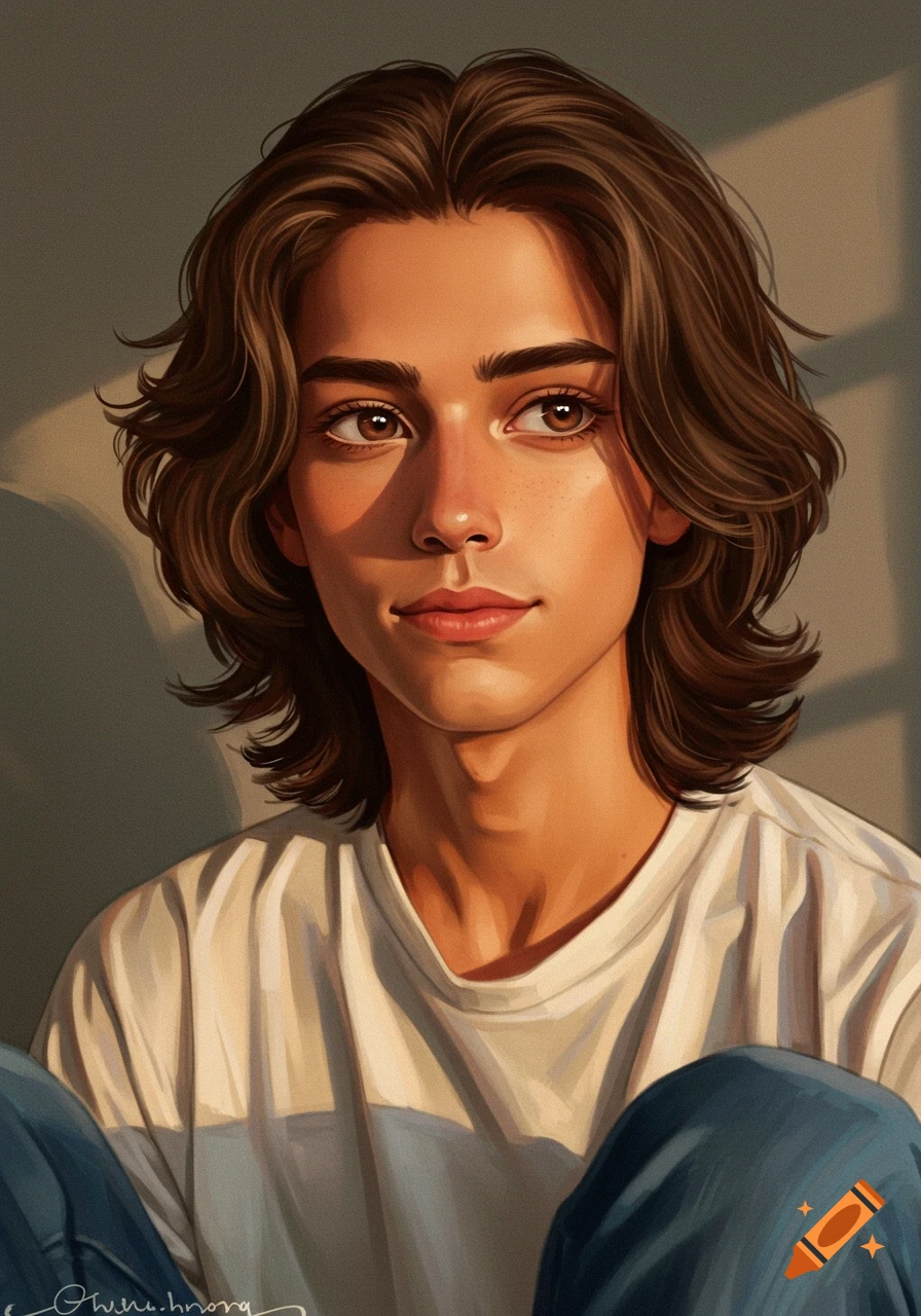 A digital painting portrait of a young man with brown hair and eyes in warm light.
