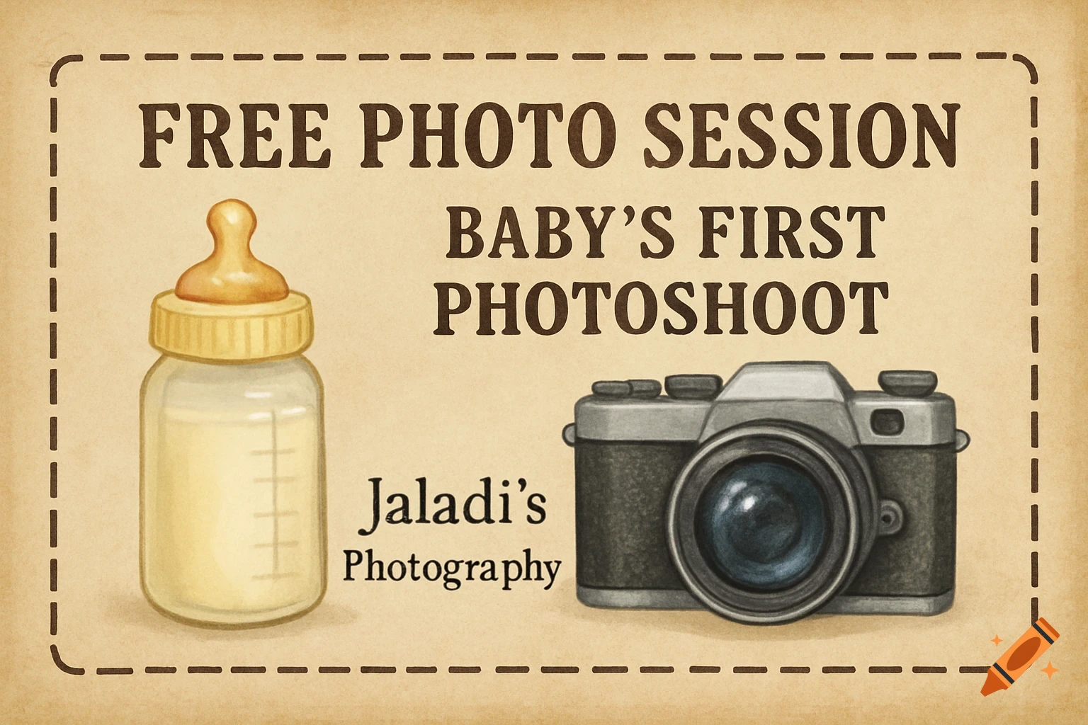A promotional coupon for a free baby photo session, featuring an illustration of a baby bottle and a camera on a textured background.