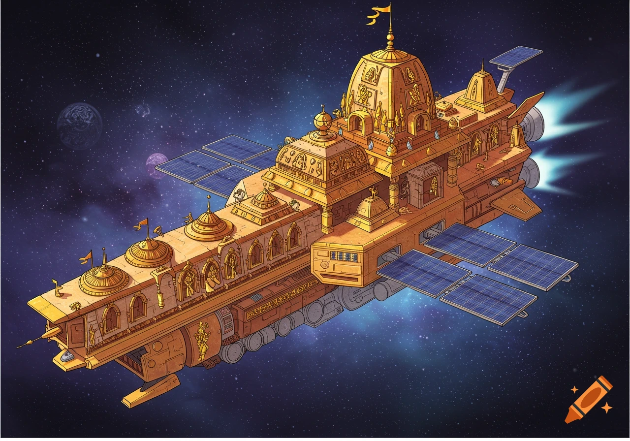 Golden spaceship designed like a Hindu temple flying through space with solar panels in an illustrated style.