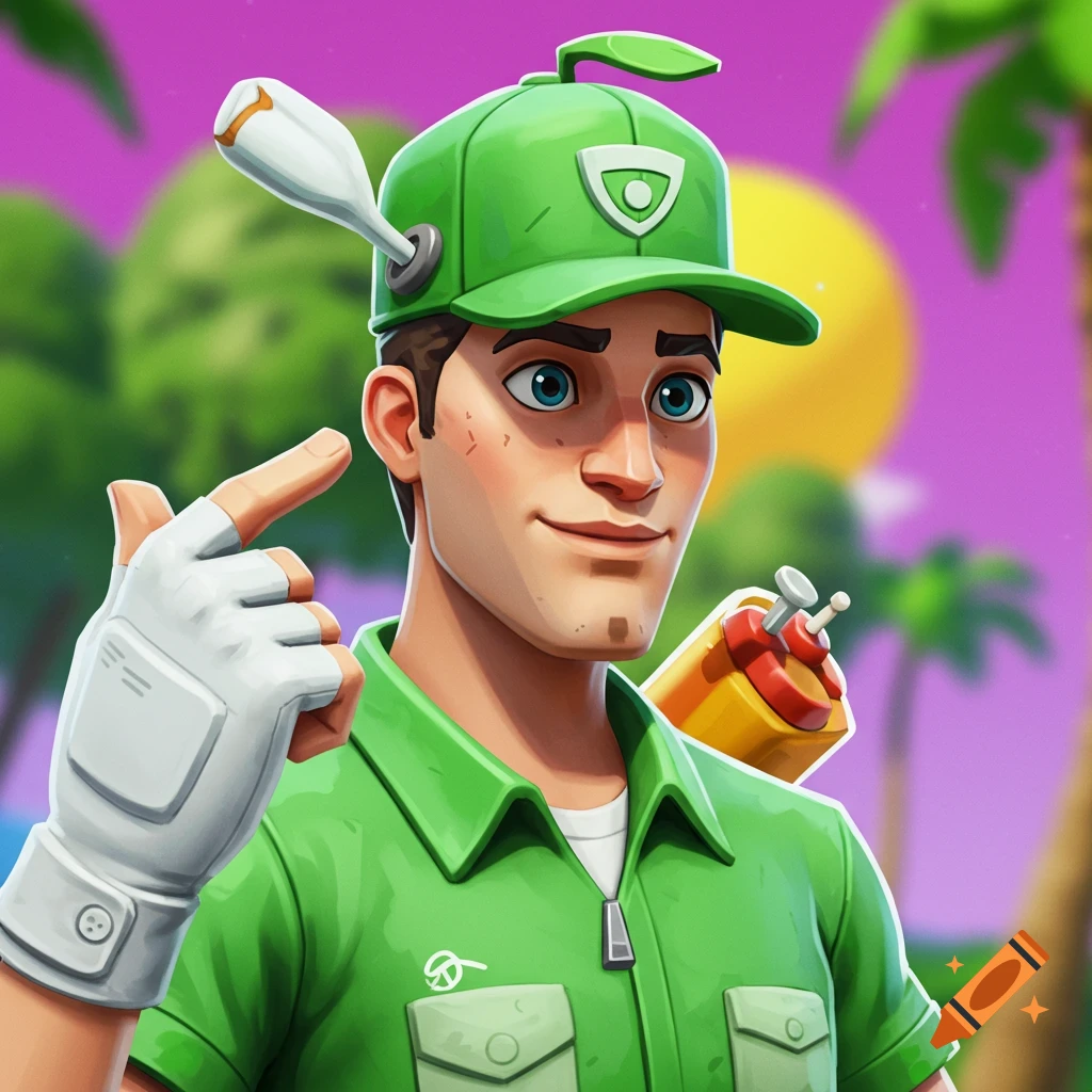 A stylized cartoon portrait of a man from Fortnite wearing a green hat, green shirt, and one white glove, with a tropical background.