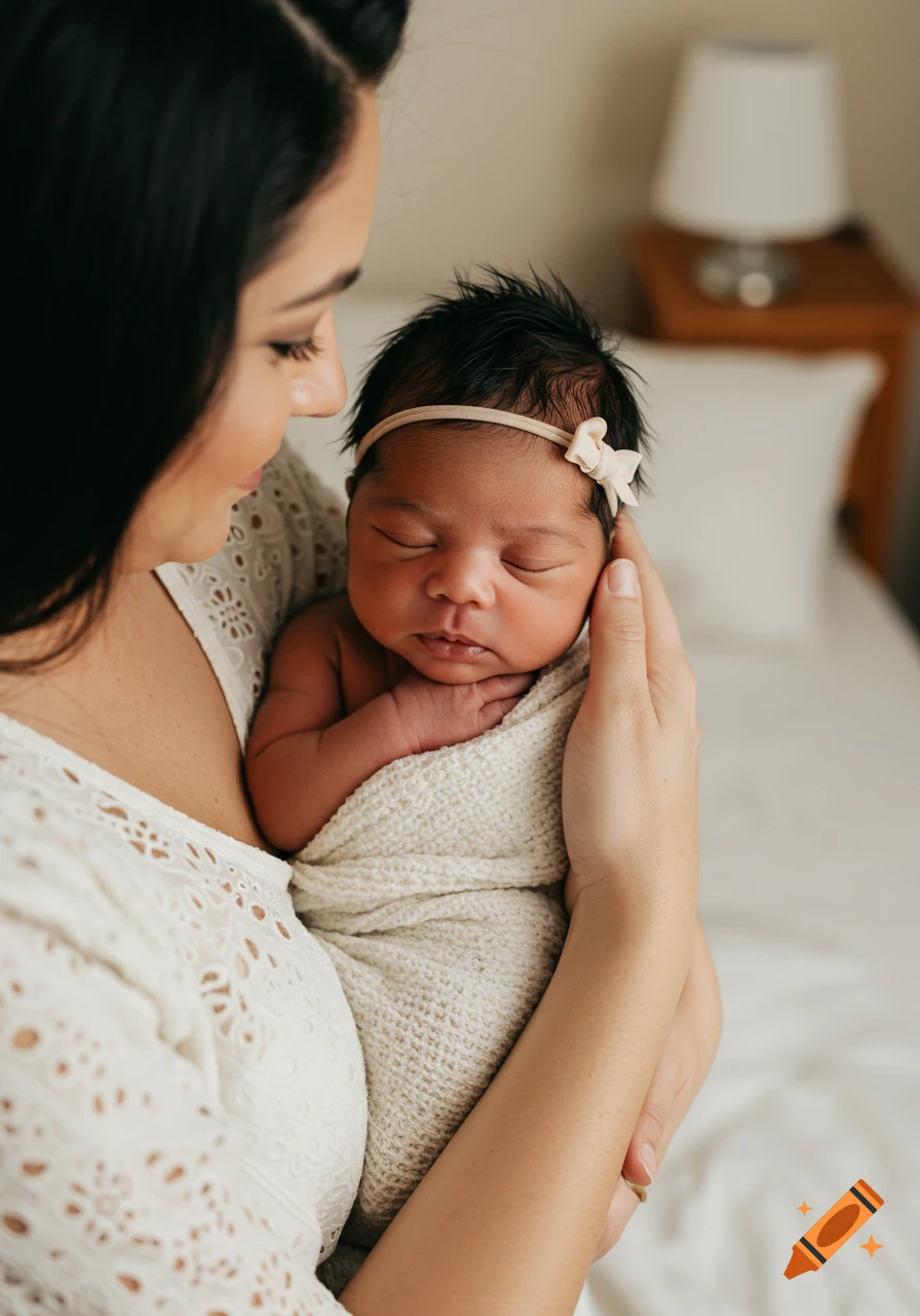 Mother holds swaddled newborn baby
