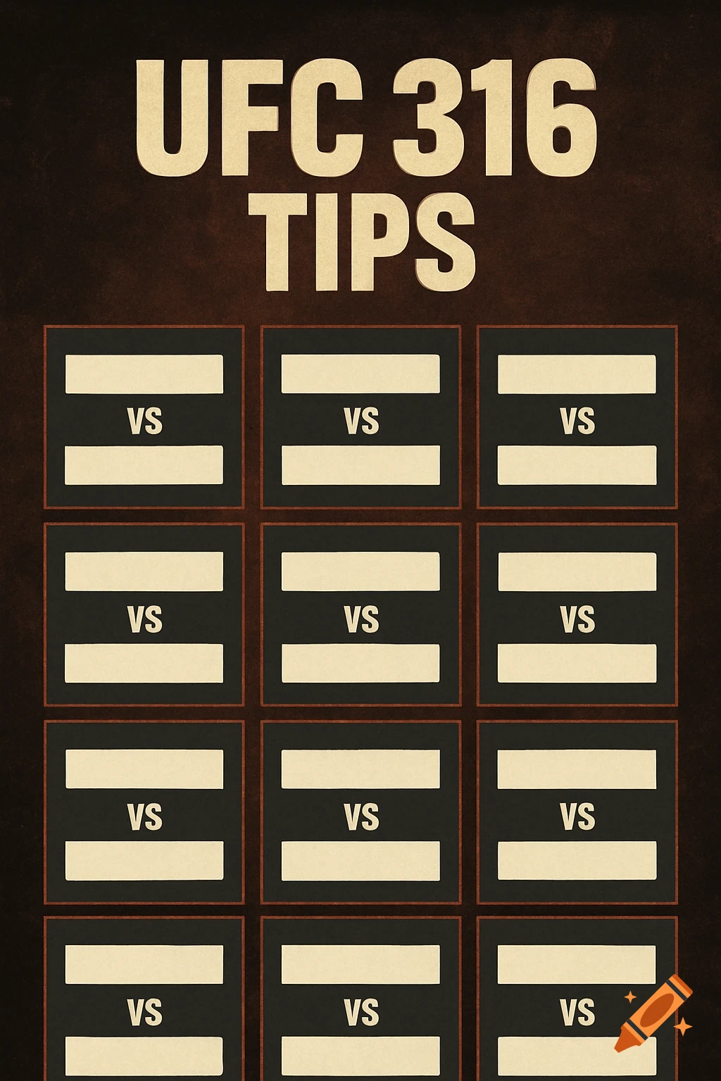 A template with 'UFC 316 TIPS' text and blocks with 'VS' for listing fights.