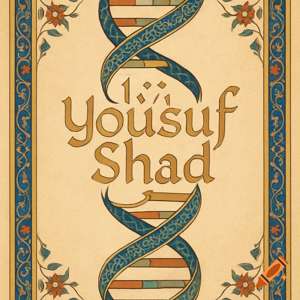 Stylized image of a DNA helix with the name Yousuf Shad written in codex style, bordered by Islamic art patterns.