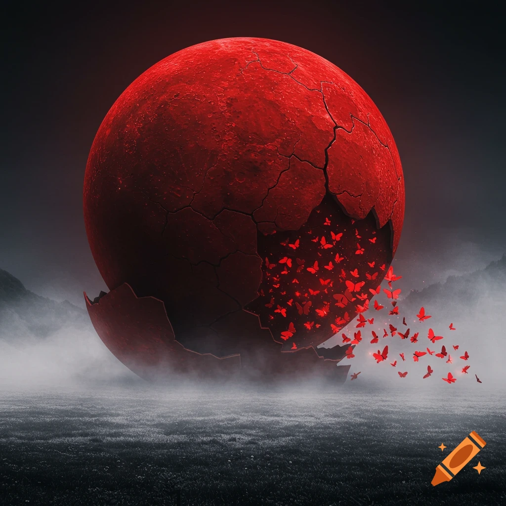 A large, cracked crimson red sphere on a foggy landscape, with red butterflies swarming out of the broken section.