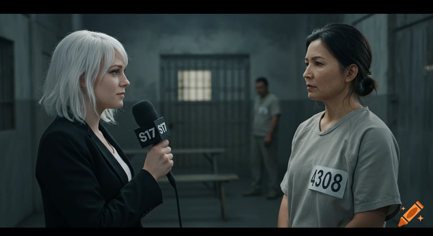Photorealistic scene of a reporter with white hair interviewing a woman in a prison uniform in a stylized prison setting.