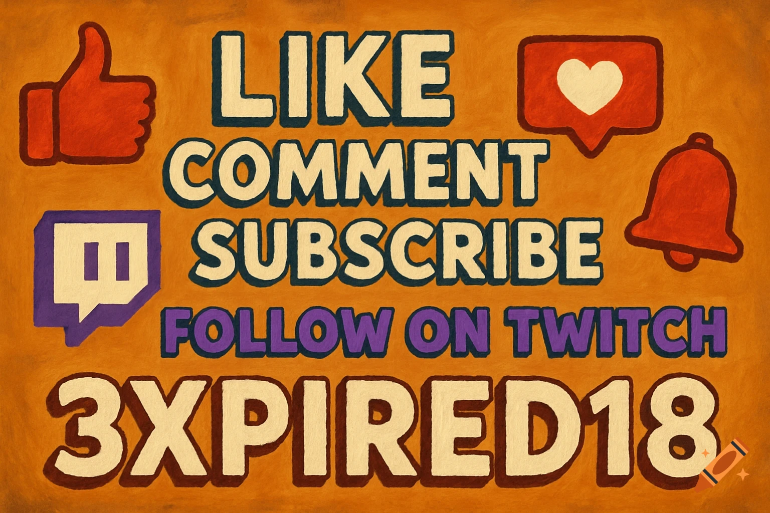Social media banner with text 'Like Comment Subscribe Follow on Twitch 3XPIRED18', thumbs up, heart, bell, and Twitch icons.