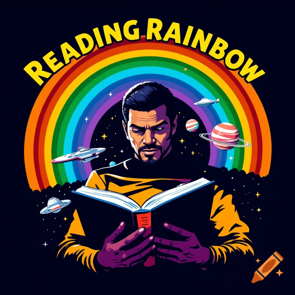 Stylized illustration of a man resembling Geordi La Forge reading a book under a rainbow with spaceships and planets.