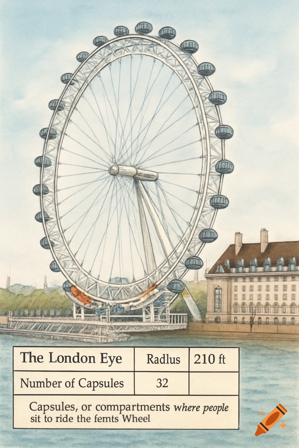 A sketch illustration of the London Eye with a table of facts about it at the bottom, in a watercolor style.