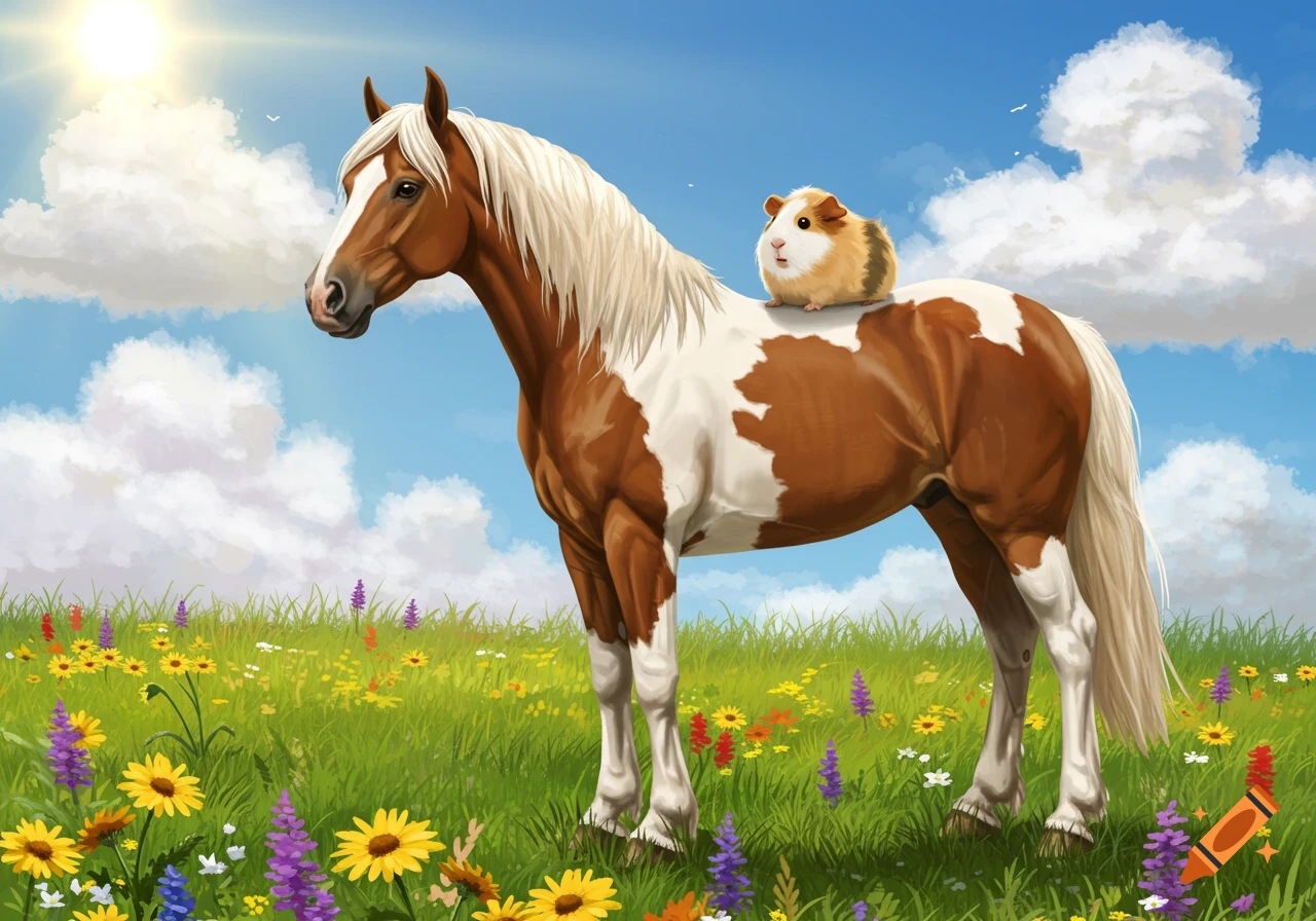 A digital painting of a horse with a guinea pig on its back standing in a sunny field of wildflowers under a blue sky.