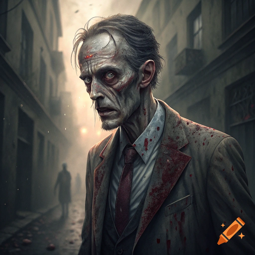 Realistic portrait of a grim zombie in a blood-stained suit, standing in a foggy alley at dusk.