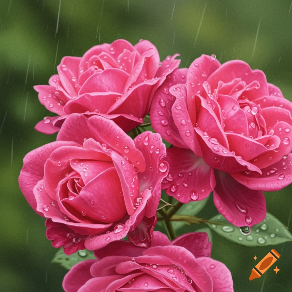 Close-up of pink roses covered in raindrops against a green background.
