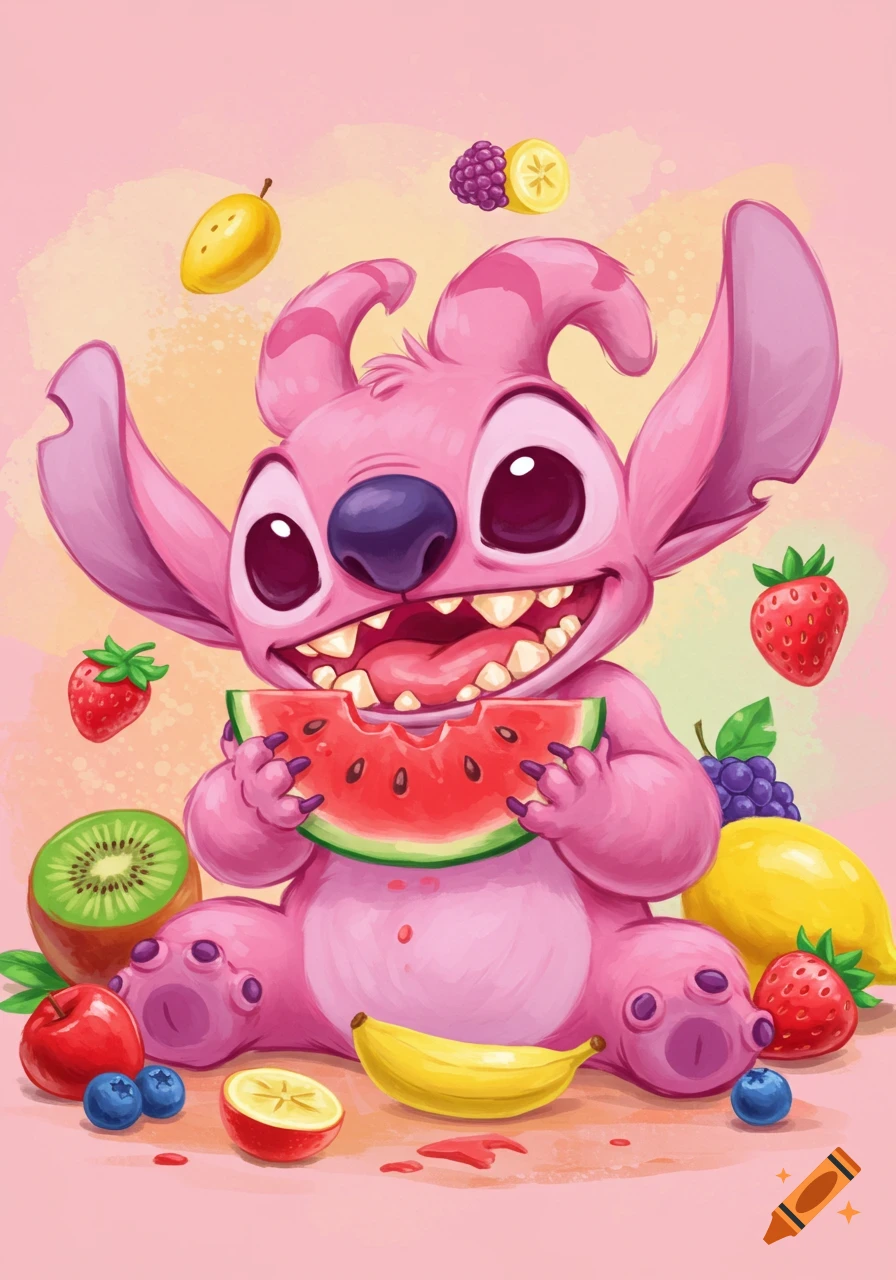 Pink Stitch eating watermelon surrounded by various fruits in a watercolor style