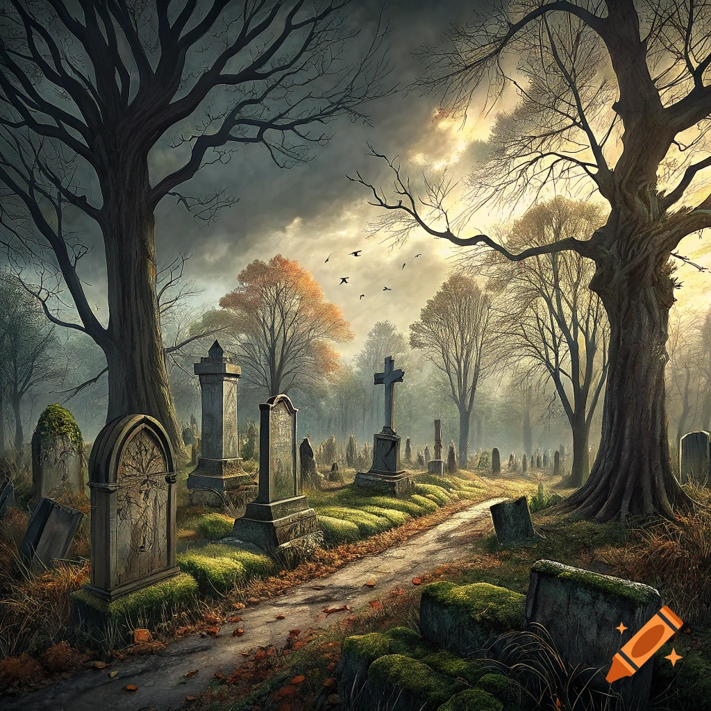 A path winds through a spooky graveyard with old tombstones, large trees, and dramatic lighting.