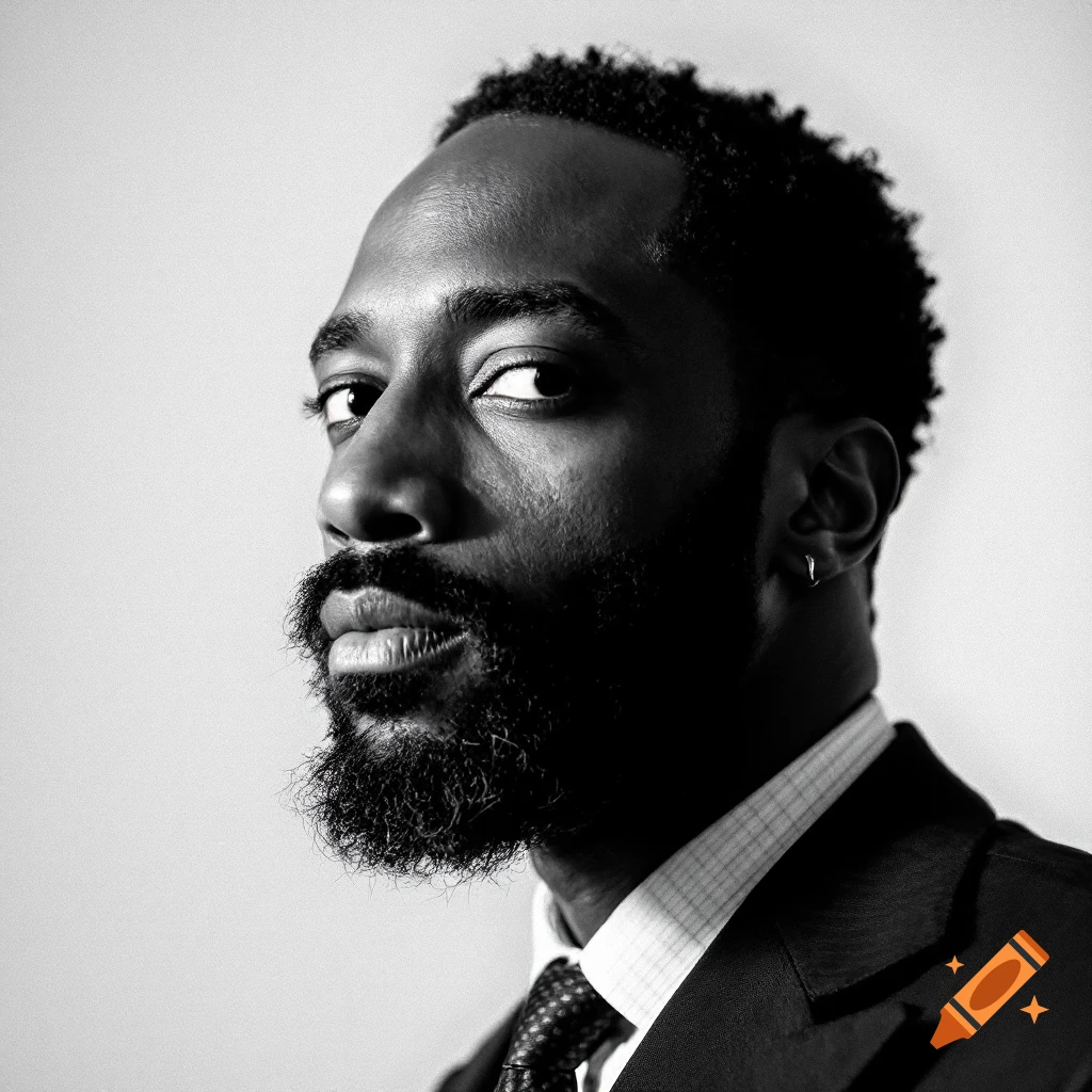 Black and white portrait of a man in a suit looking over his shoulder.