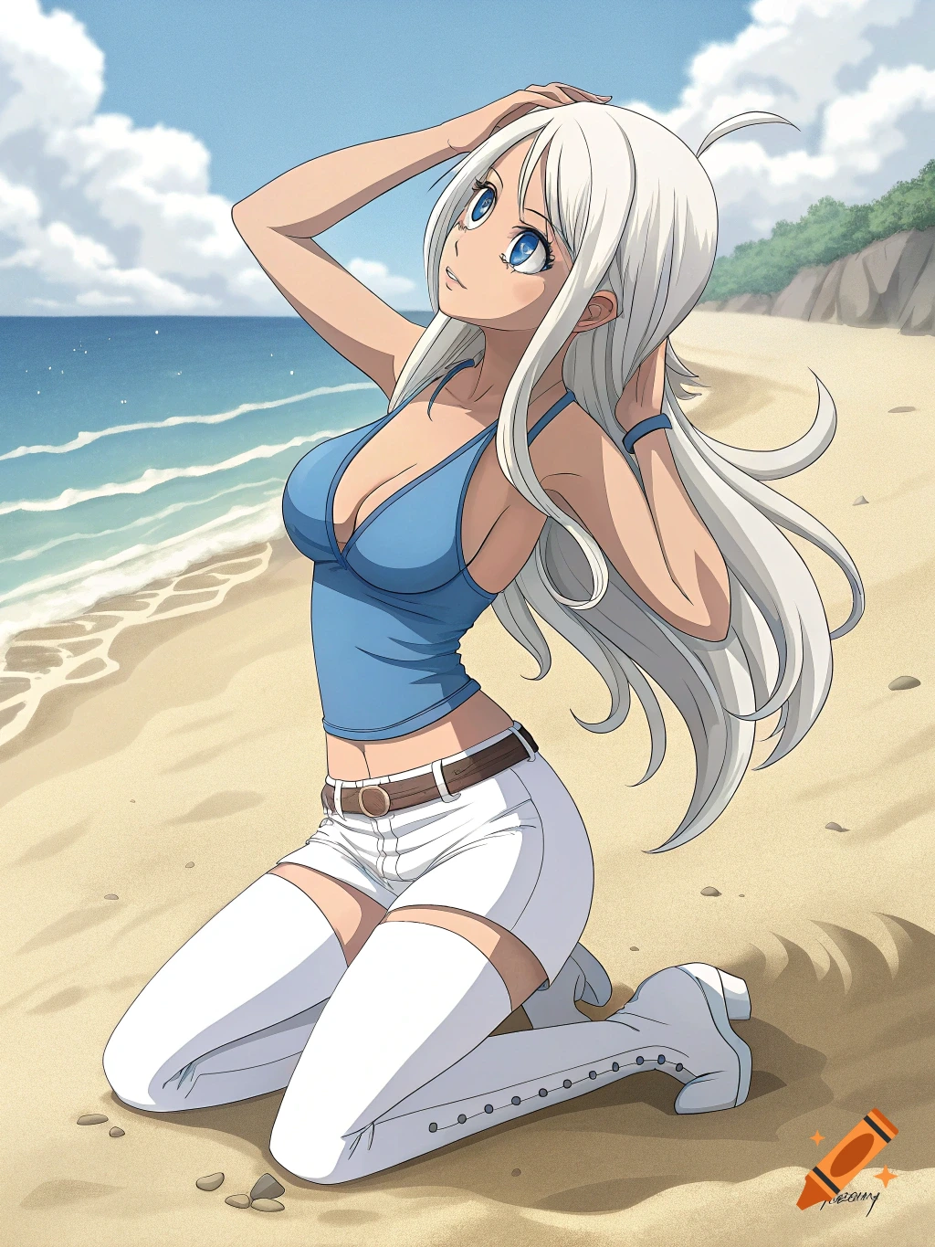 Anime style image of a woman with white hair and blue eyes, kneeling on a beach, wearing a blue tank top and white shorts.