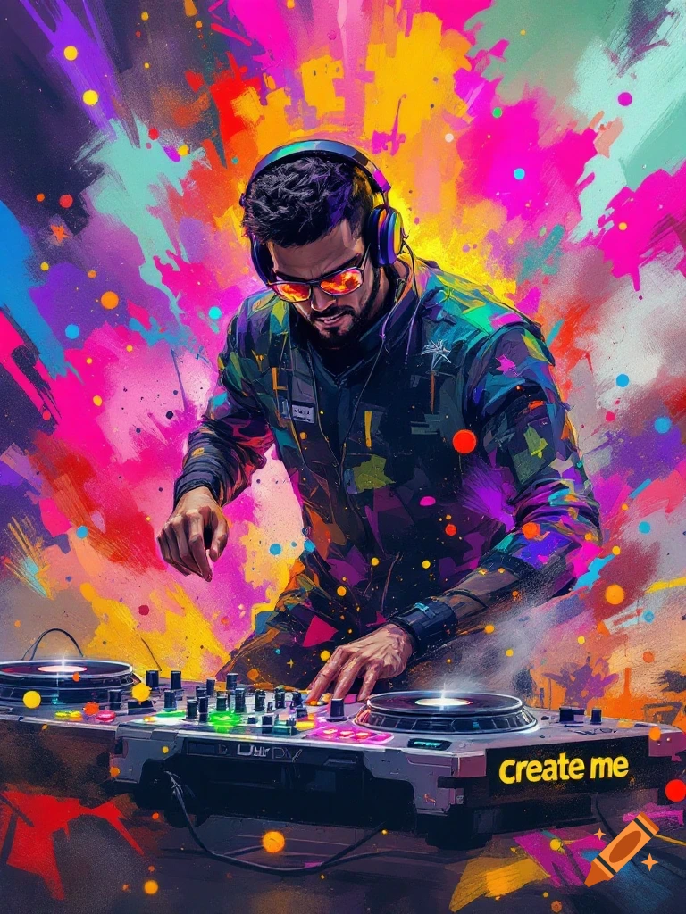 A stylized image of a DJ wearing headphones and sunglasses mixing music with colorful abstract splashes in the background.