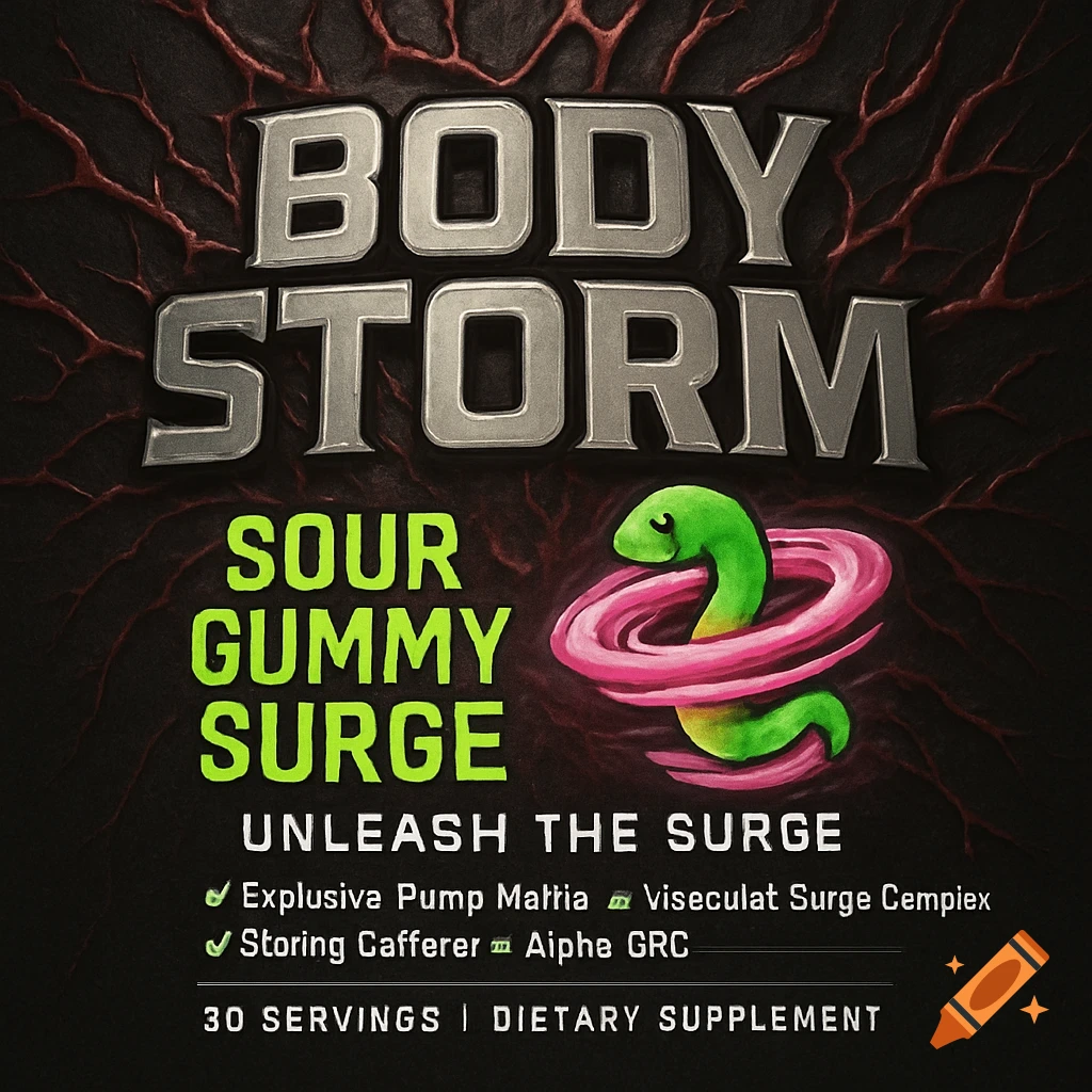 BODY STORM product label with metallic logo, neon green text, and a cartoon gummy worm.