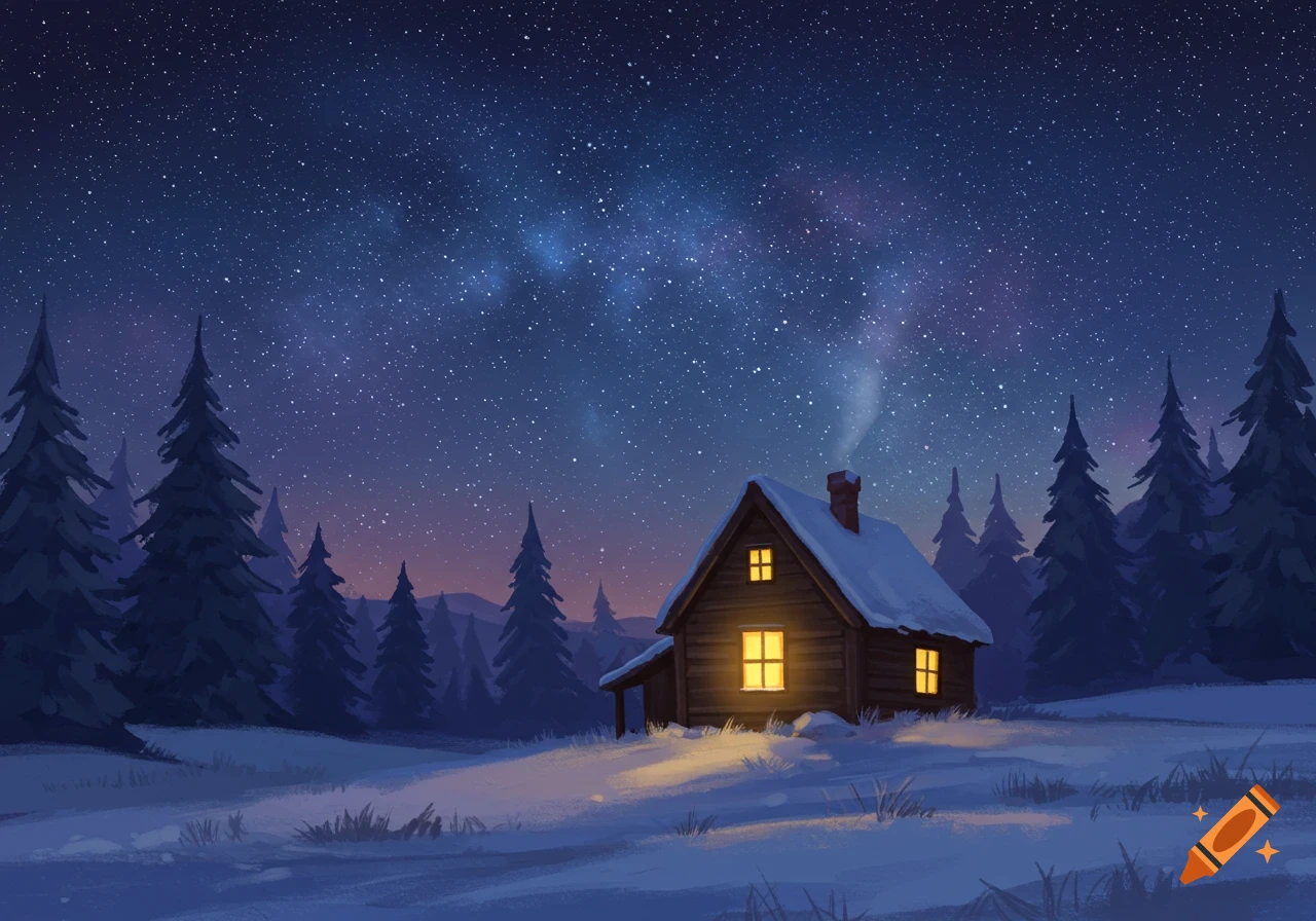 A wooden cabin with glowing windows in a snowy landscape under a starry night sky.