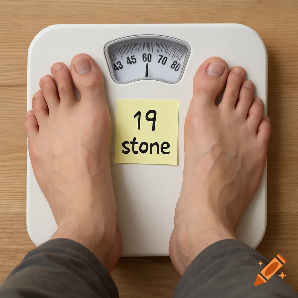 Person's feet on a scale with a note reading '19 stone'