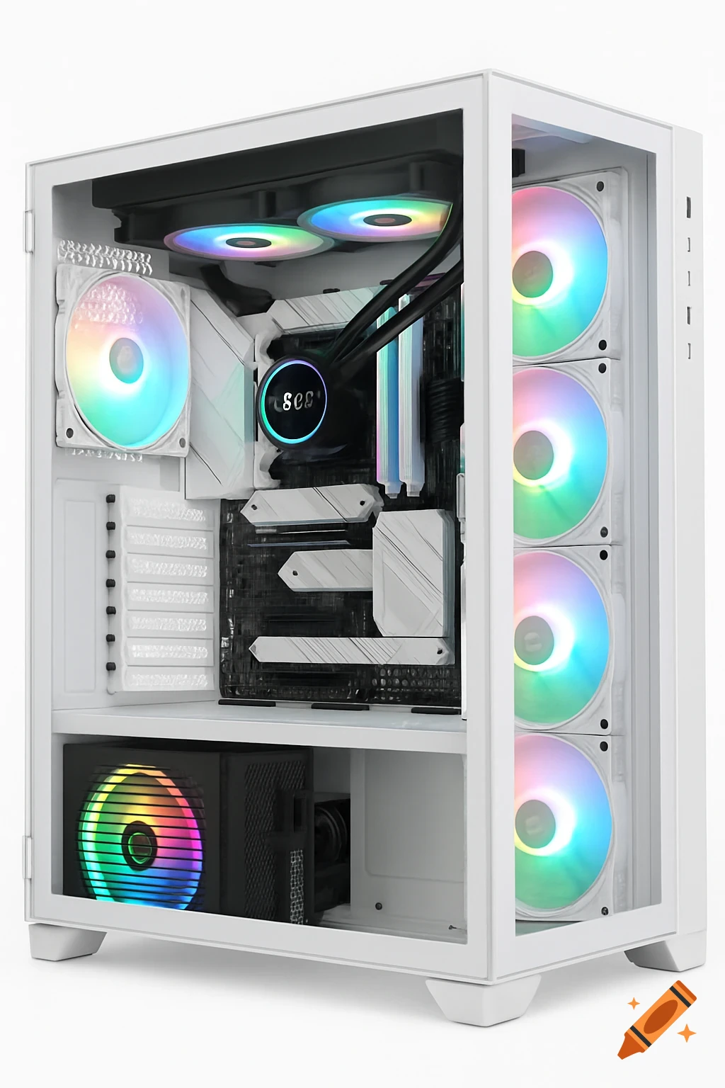 A white PC case with colorful RGB fans and components.