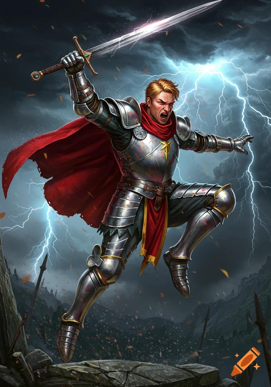 A knight in armor jumps holding a sword against a stormy sky.