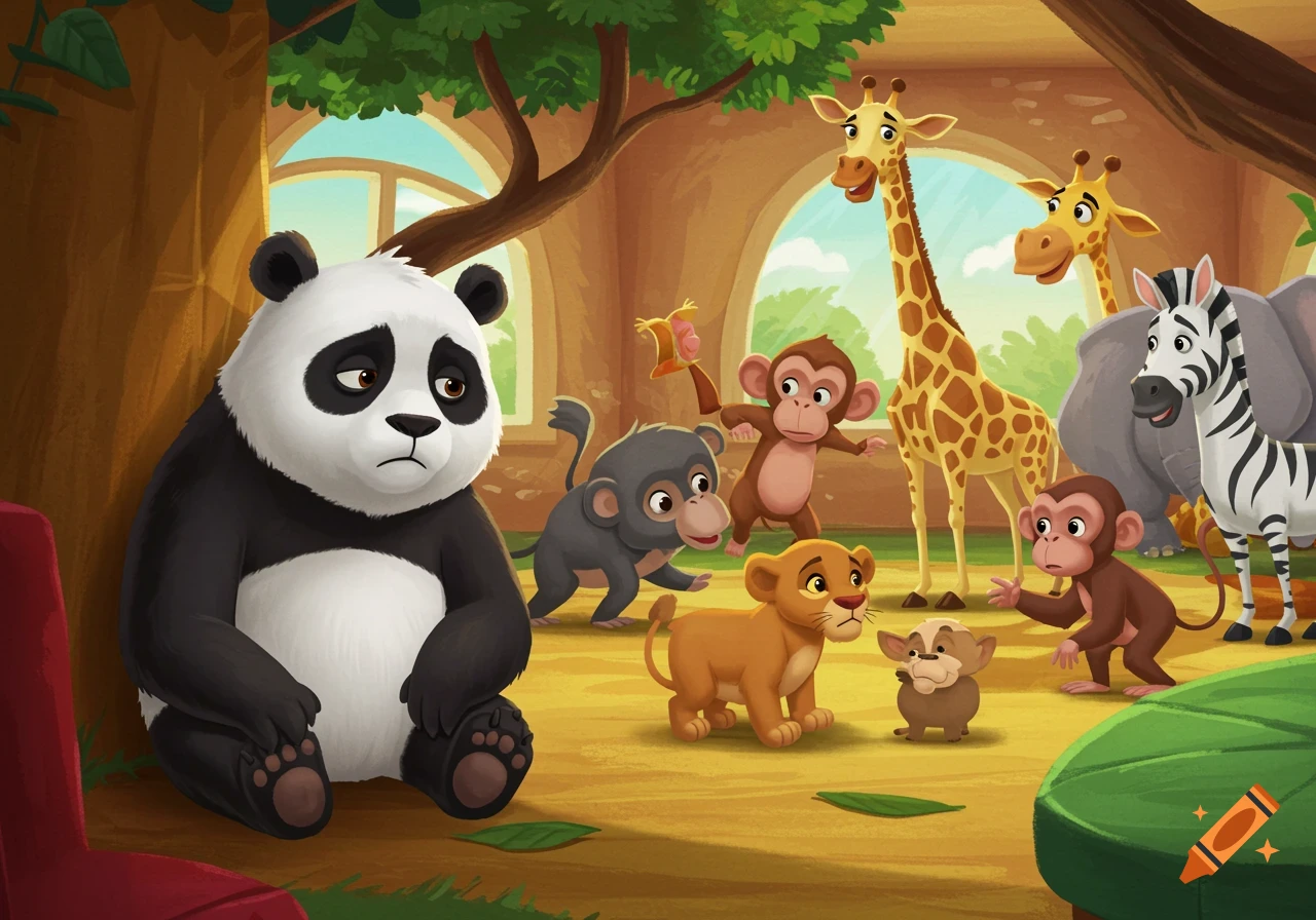 Cartoon illustration of a sad panda sitting by a tree while other cartoon zoo animals play nearby.