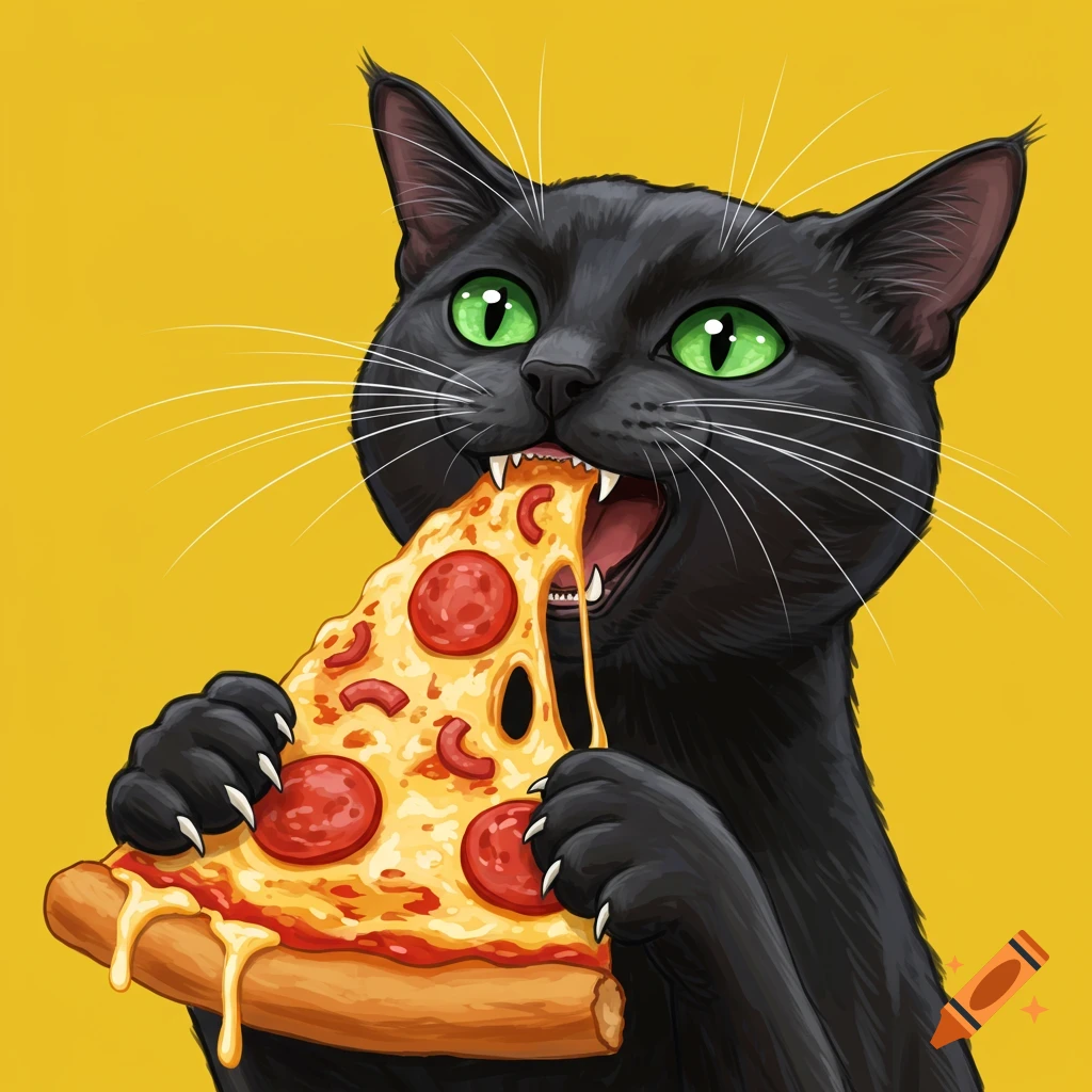 An illustration of a black cat with green eyes eating a large slice of pepperoni pizza on a yellow background.