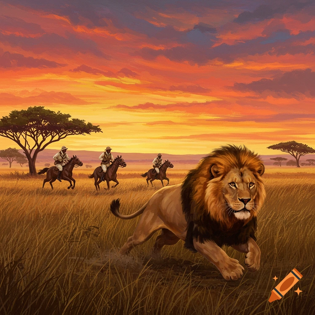 An illustrative image of a lion running in the foreground on a savanna at sunset, with three people riding horses in the background.