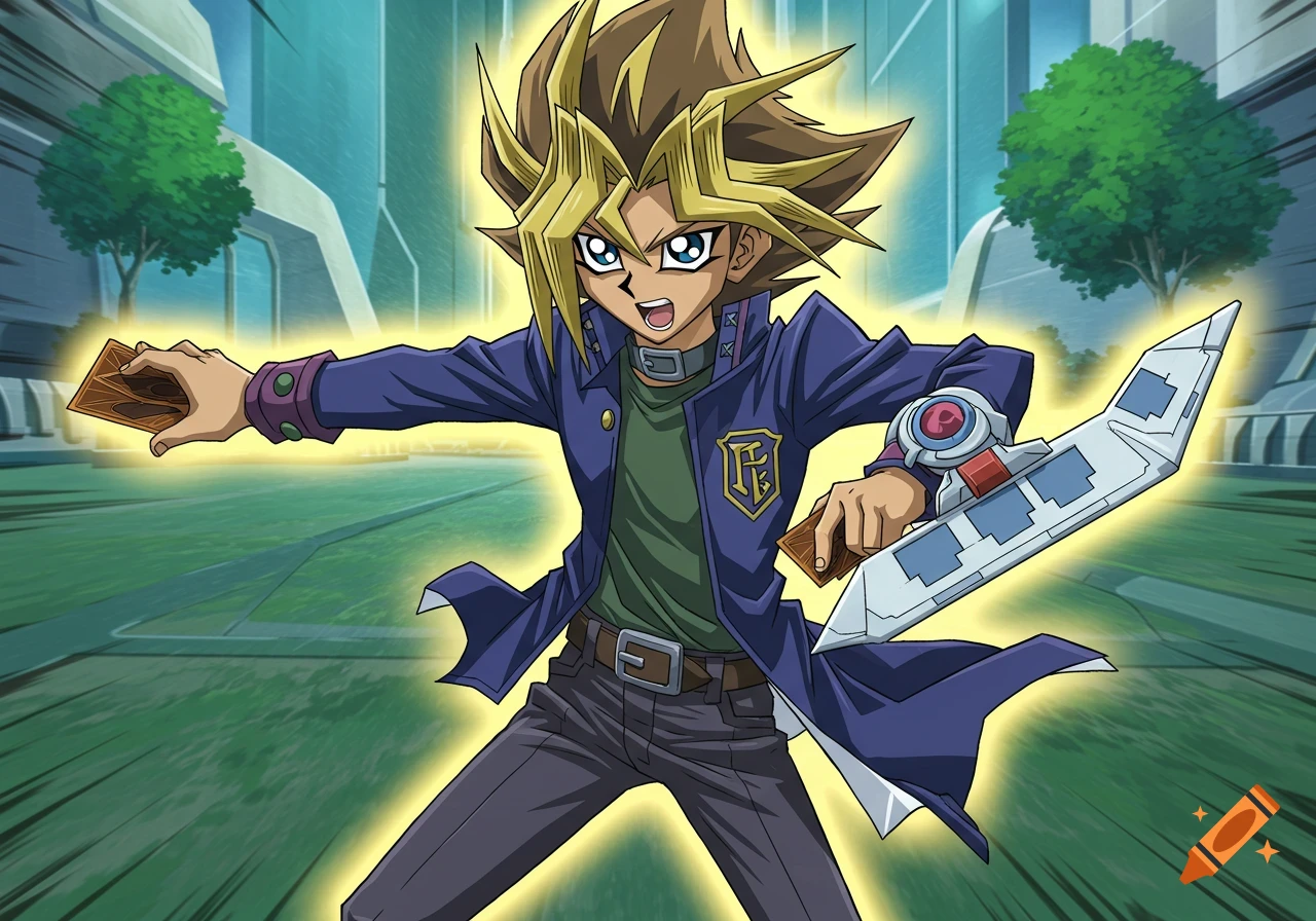 Anime character in a dynamic pose, holding cards and a duelist device, with a bright aura.