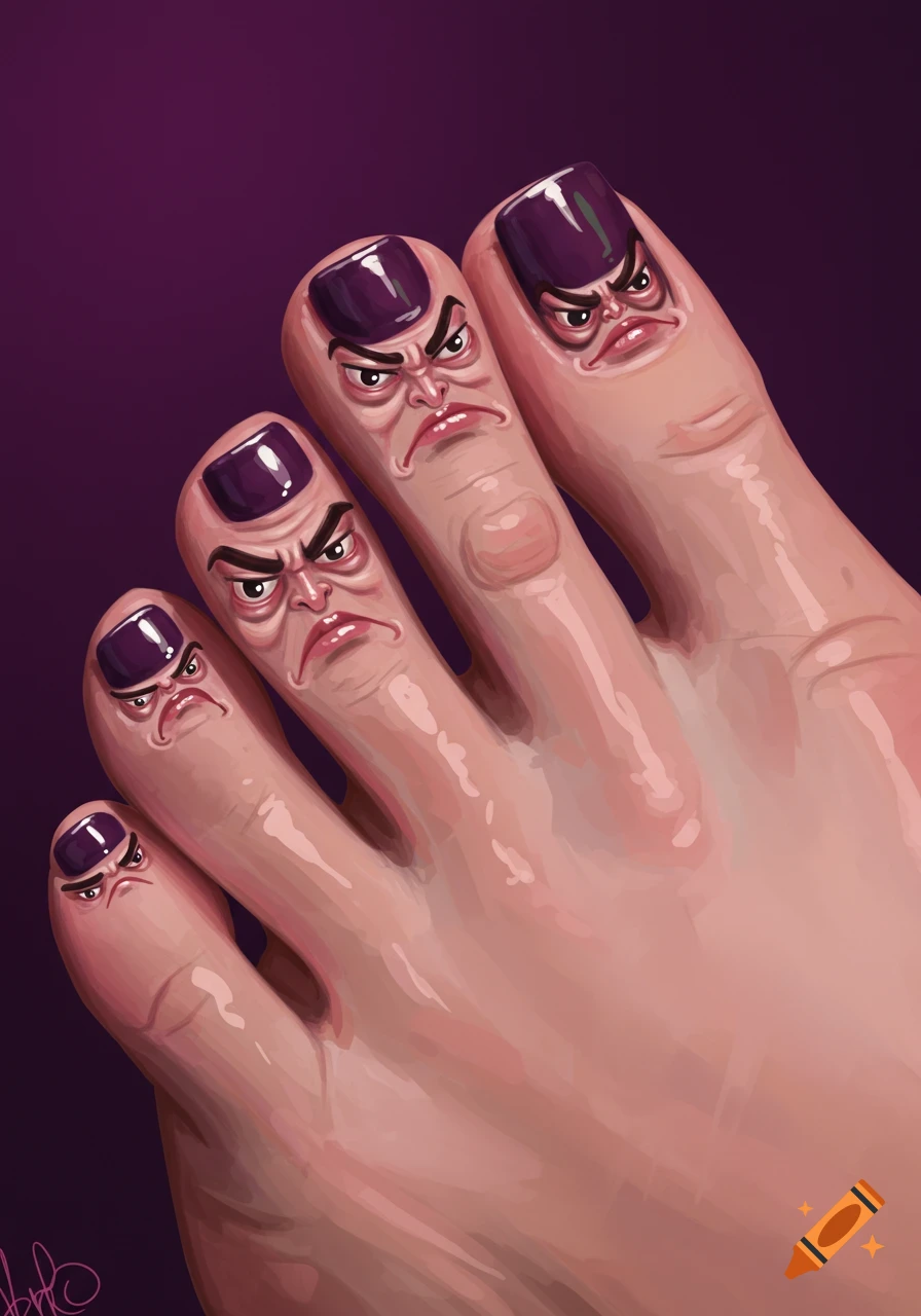 An illustration of a human foot with grumpy faces on the toes, which have dark purple nail polish.