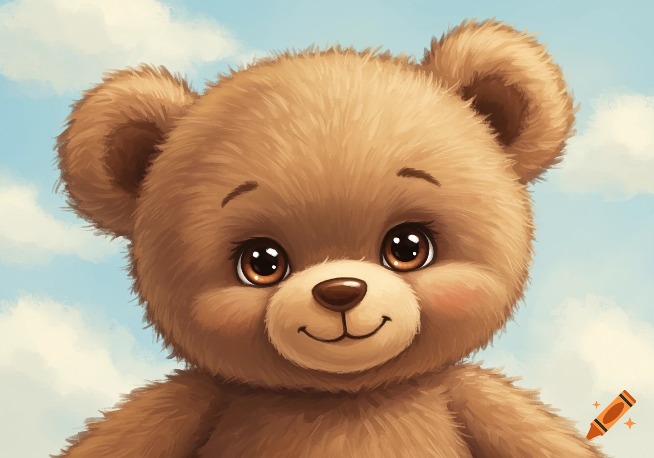 A fluffy brown teddy bear head against a cloudy blue sky.