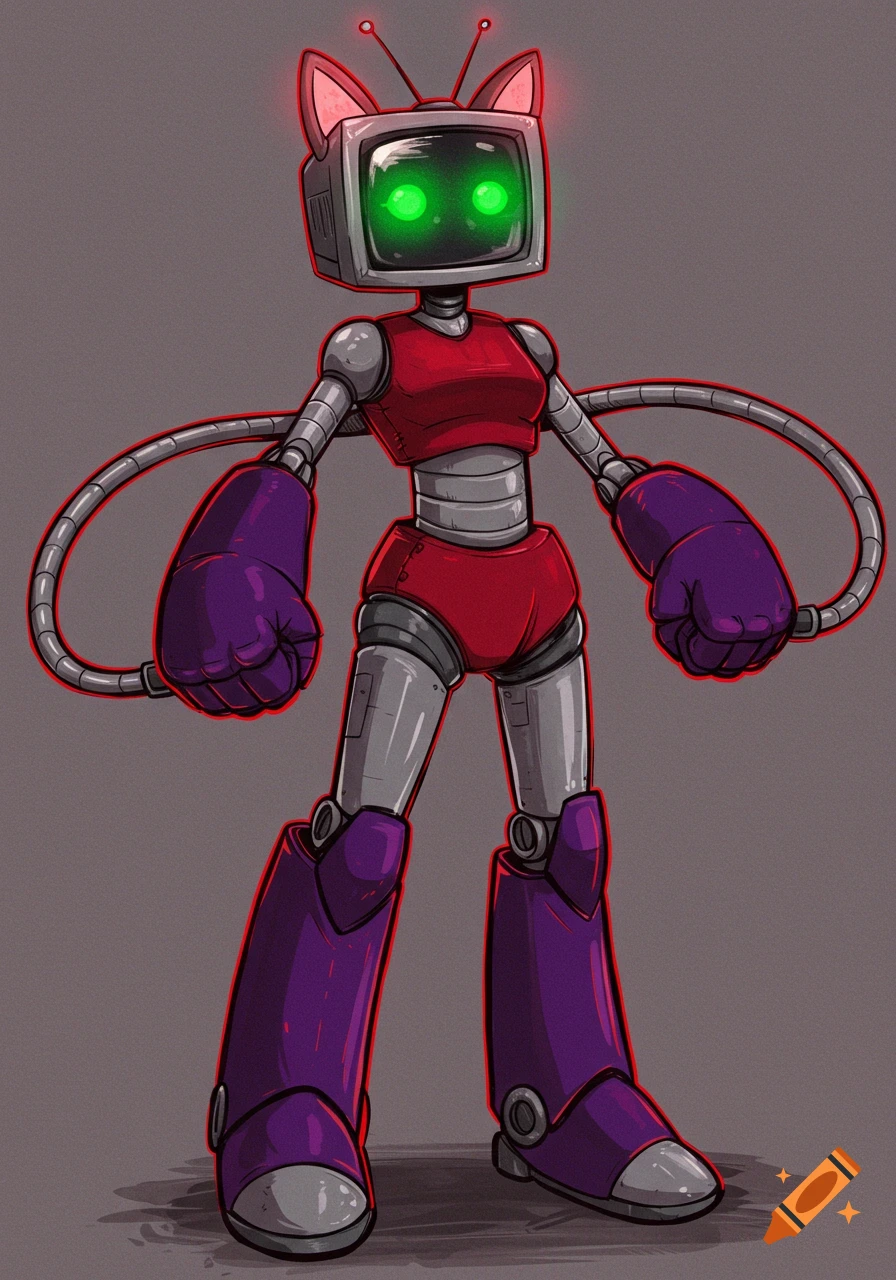 A robot with a TV head and cat ears wears red and purple clothing.