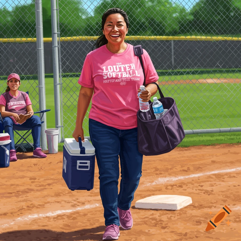 A woman in a pink softball shirt walks across a dirt field carrying a cooler and bag with water bottles. Another person is in the background.