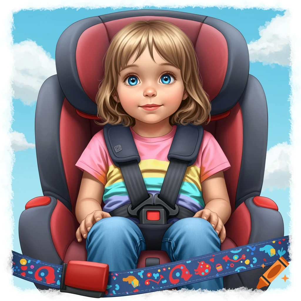 Illustration of a young child with big blue eyes sitting in a car seat with seatbelts fastened.
