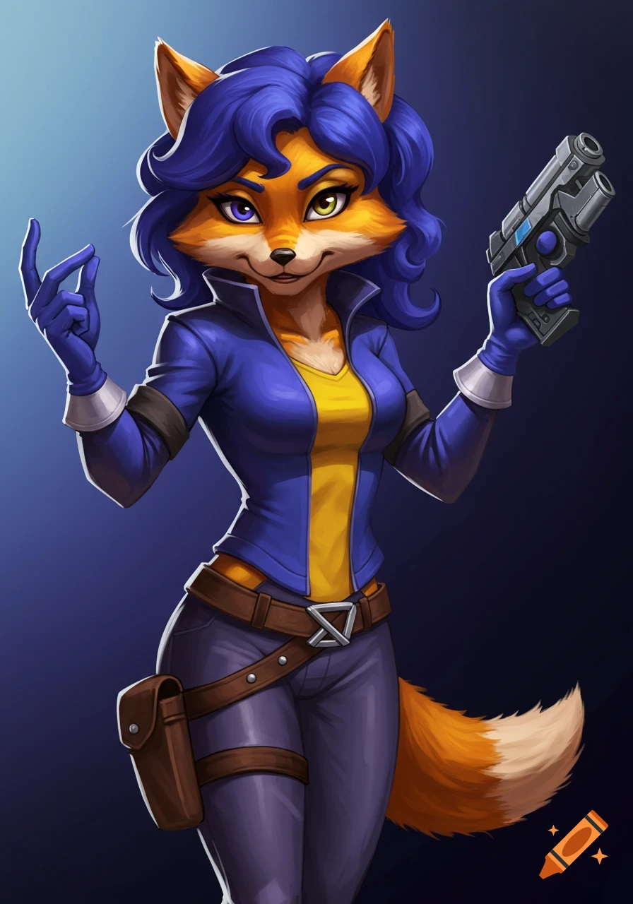 Anthro fox character with blue hair, blue and yellow outfit, holding a gun, digital painting style.
