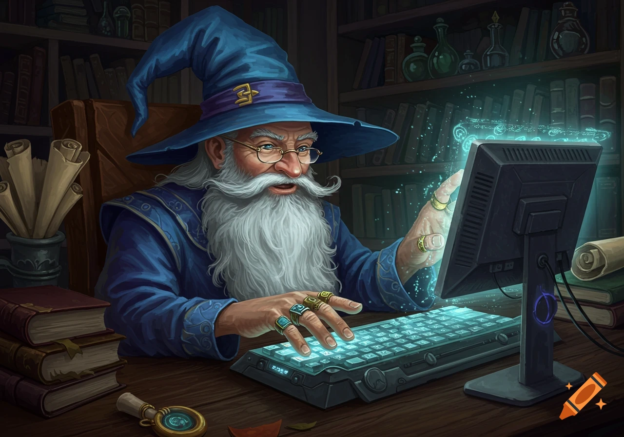 A wizard works on a glowing computer in a library.