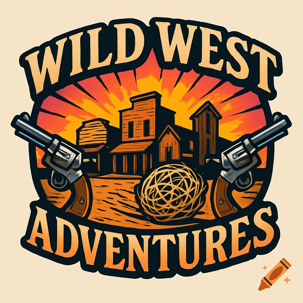Stylized logo with 'Wild West Adventures' text, guns, tumbleweed, and town silhouette against sunset.
