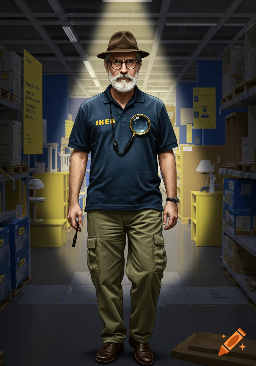 Man in a fedora and detective outfit holding a magnifying glass in an IKEA store.