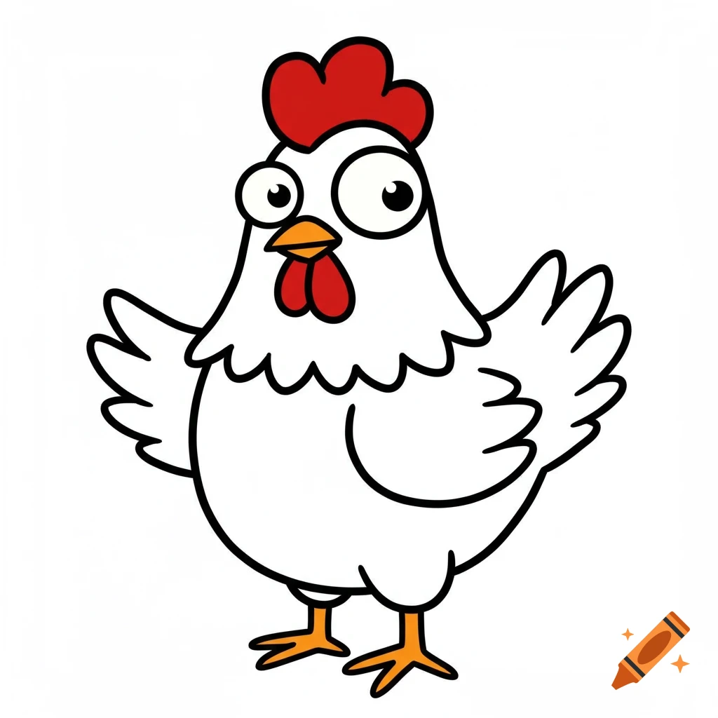 A simple cartoon drawing of a white chicken with large eyes and a red comb.