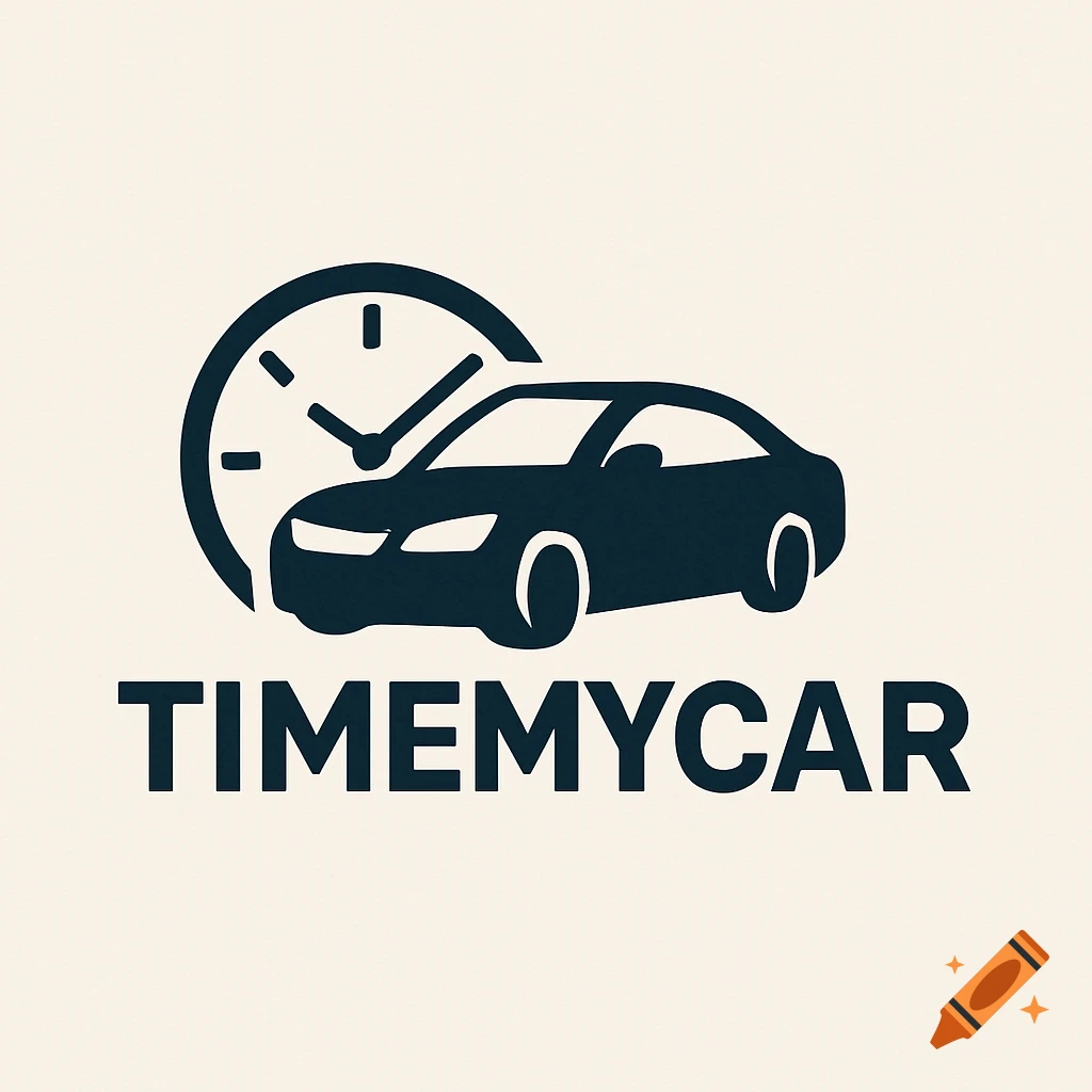 Logo featuring a dark blue silhouette of a car in front of a clock, with the text TIMEMYCAR below.
