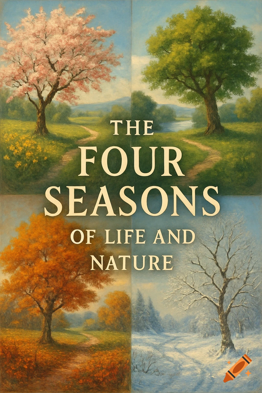 Painting of four panels showing spring, summer, autumn, and winter landscapes with text 'THE FOUR SEASONS OF LIFE AND NATURE'.