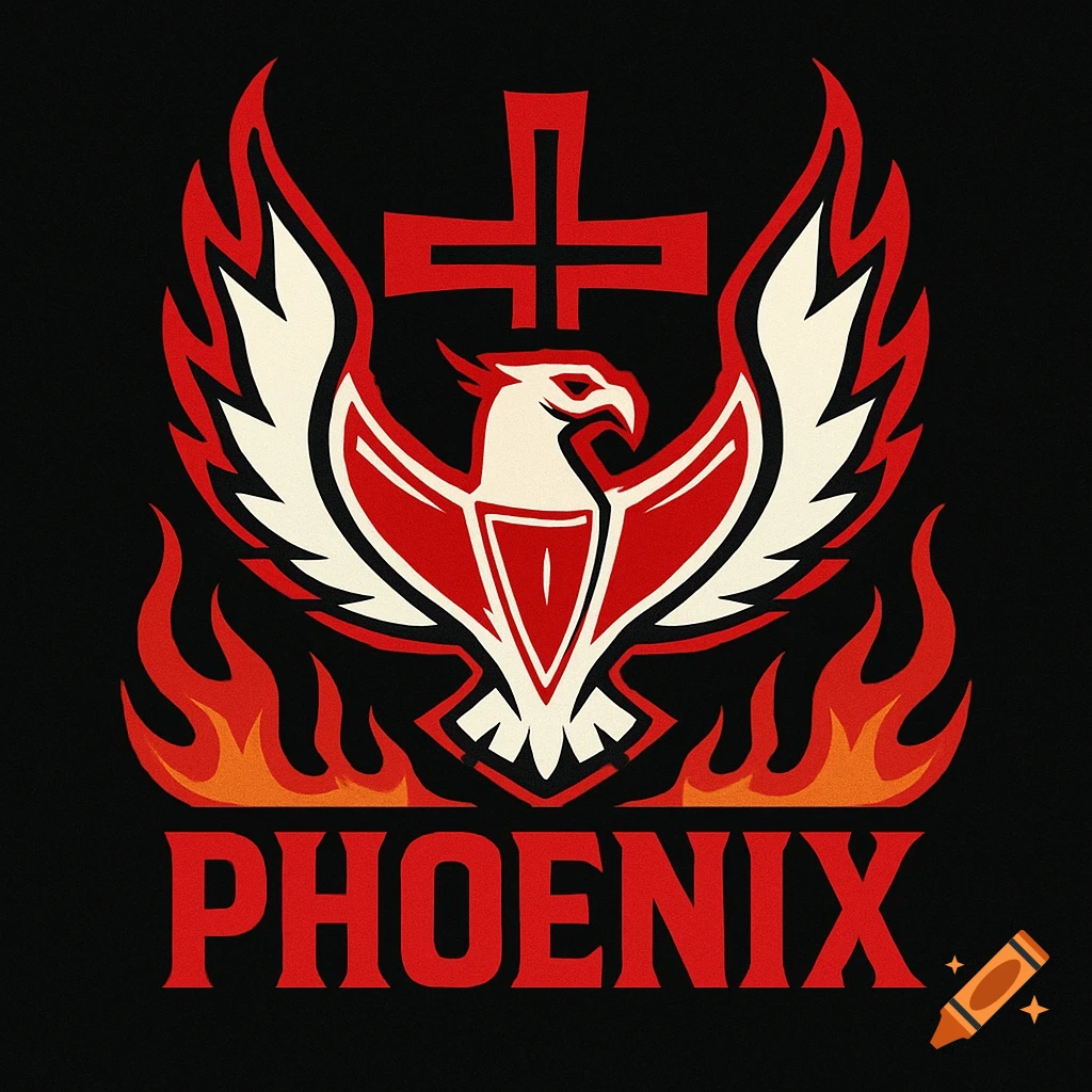 Logo of a red and white phoenix with flames and a cross, with the word PHOENIX below, on black background.