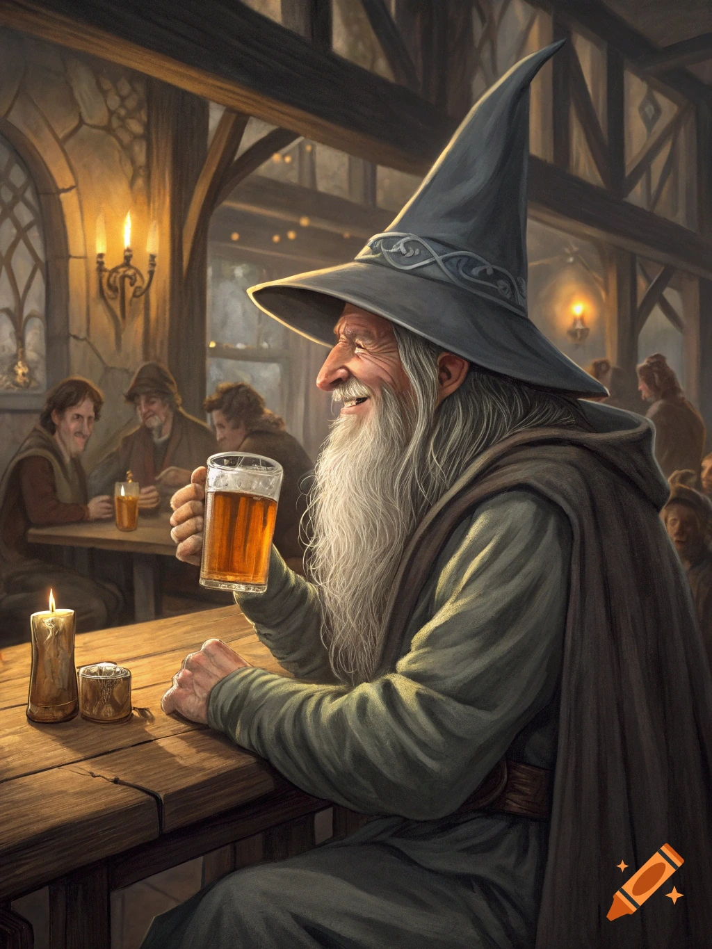 Wizard-like man with beard and pointy hat sits in a tavern, smiling and holding a mug of beer.