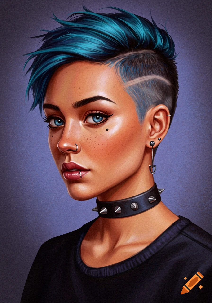 Portrait of a woman with blue punk pixie cut and undercut, wearing a studded collar and piercings.