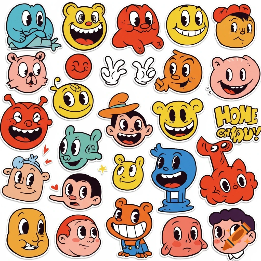 A collection of colorful retro cartoon faces and characters in a sticker style.