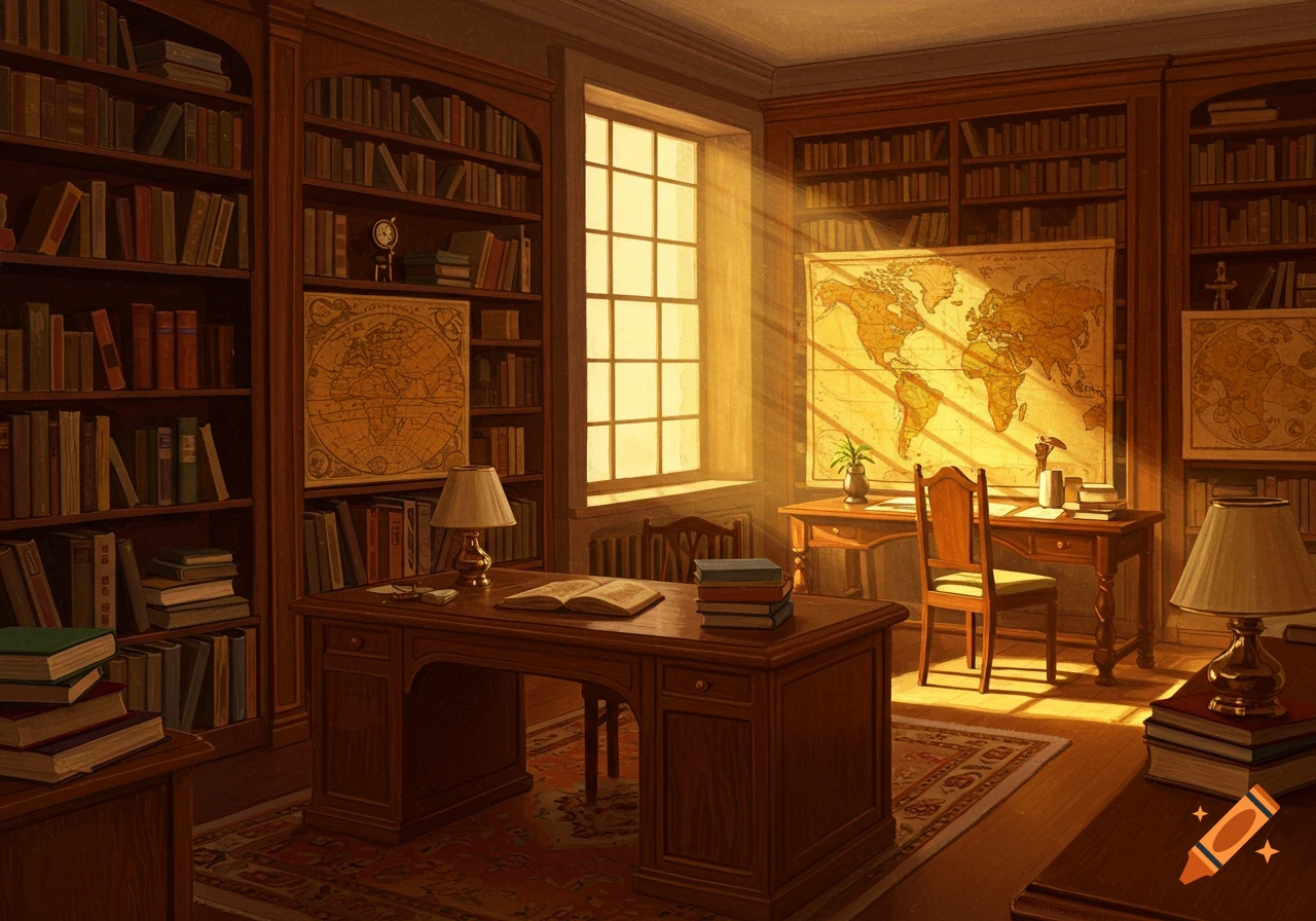 A sunlit library study with bookshelves, desks, antique maps, and lamps.